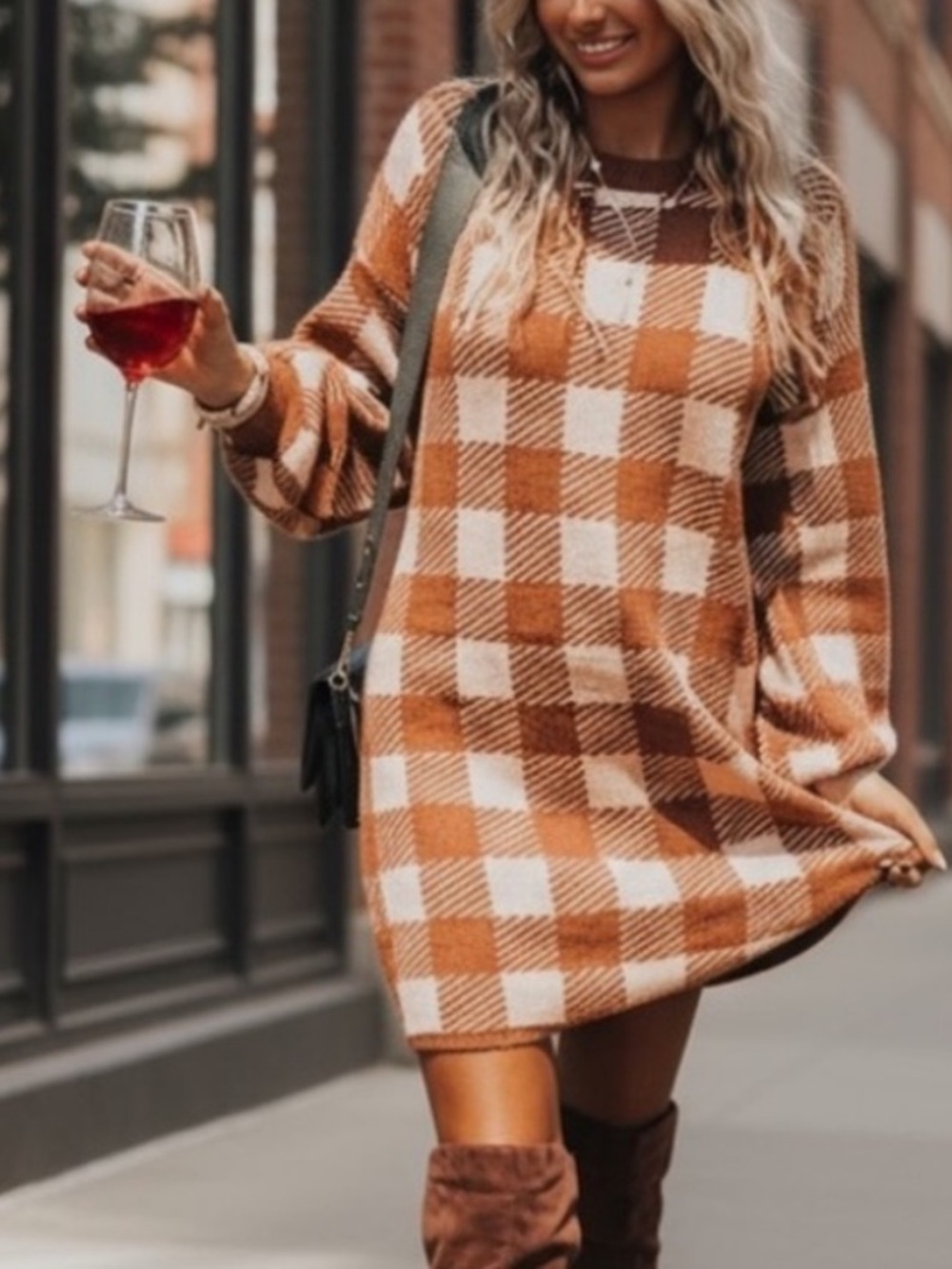 NEW• Soul Sunrise Plaid Perfection Orange & White Sweater Dress•XL